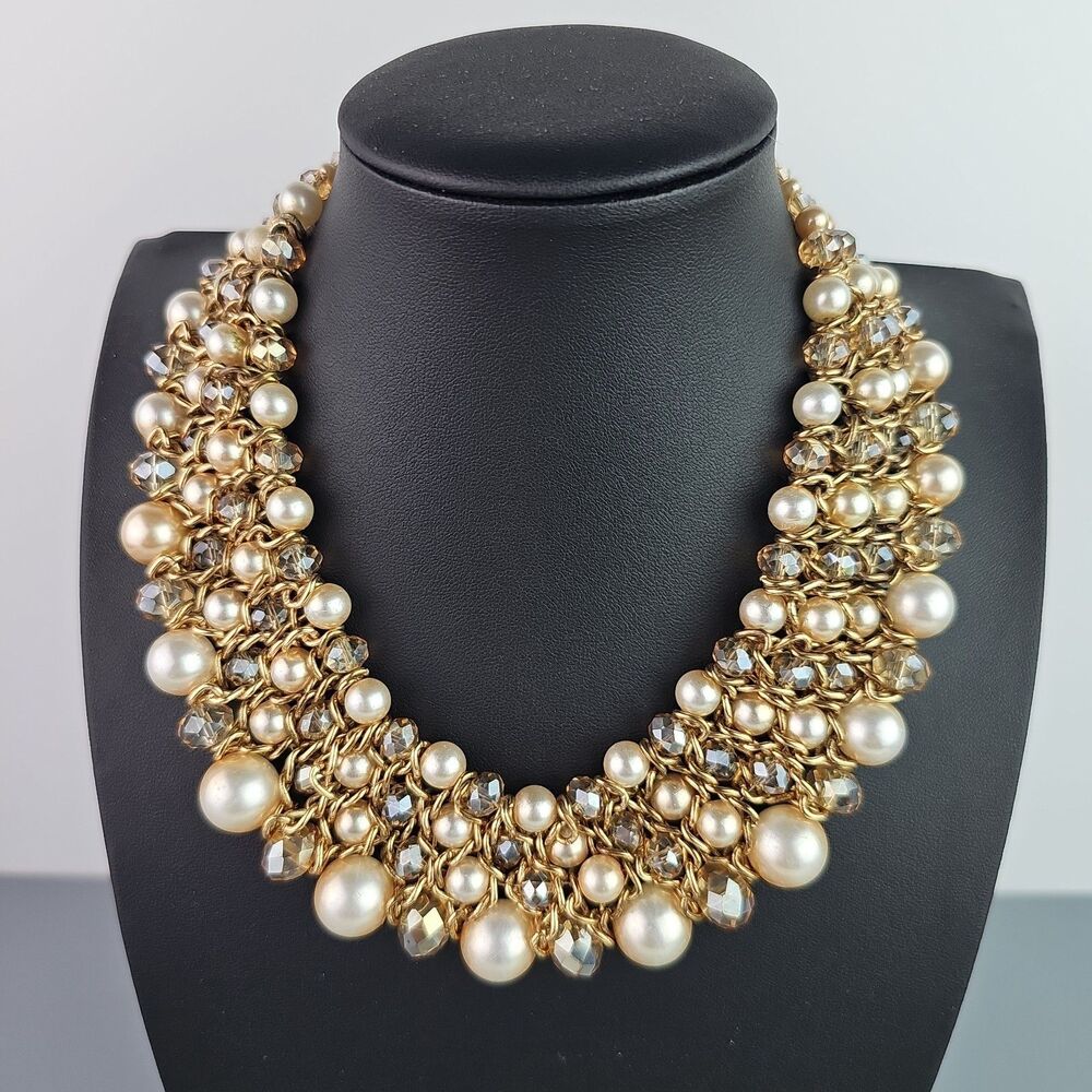 Vintage Necklace Choker Gold Tone Statement White n AB Beads 14 in w Extender